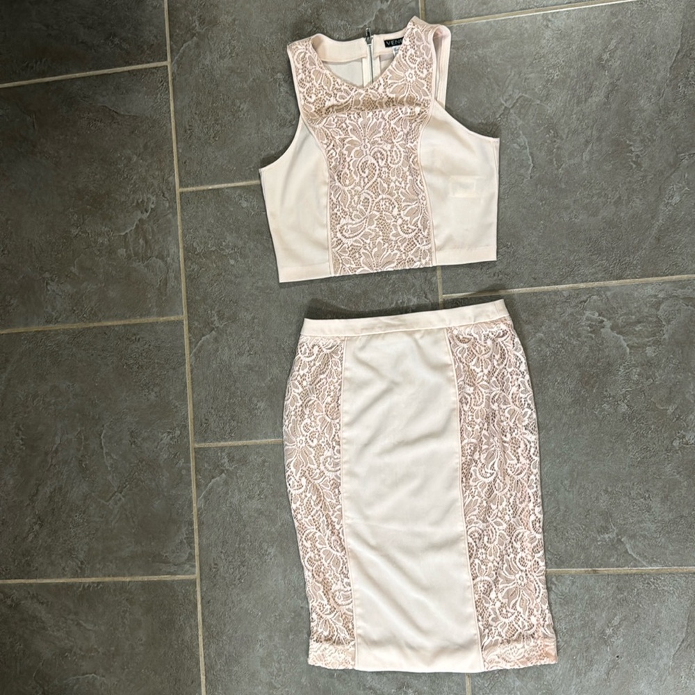 Venus Two Piece, Lace, Pale Pink Skirt and Top